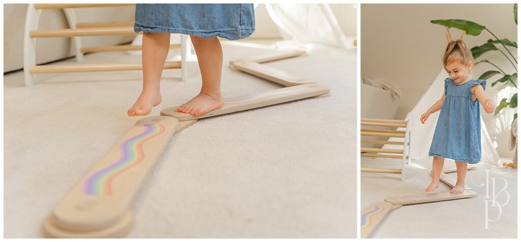 Product pictures of toddler playing balance beam