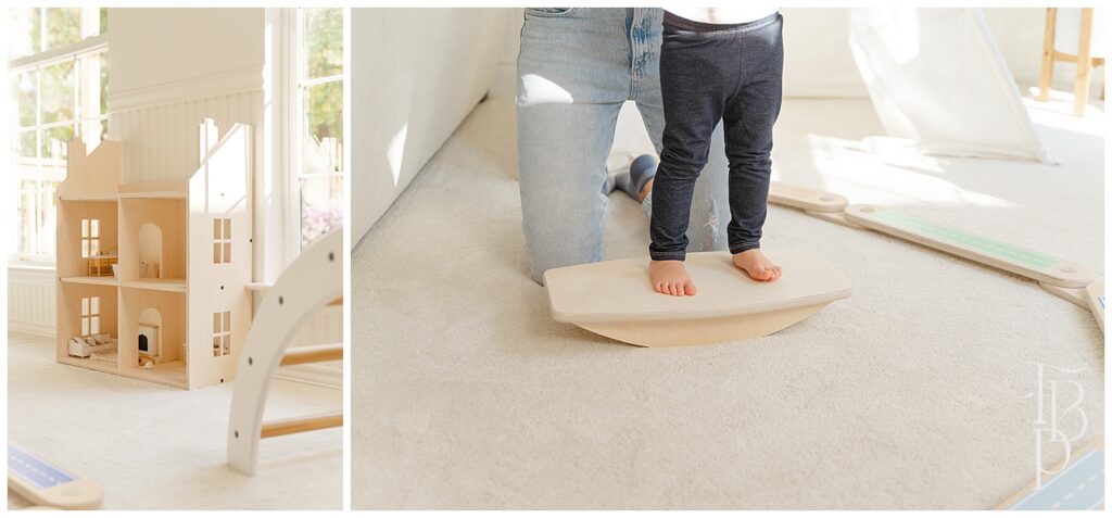 Toddler playing with balance board