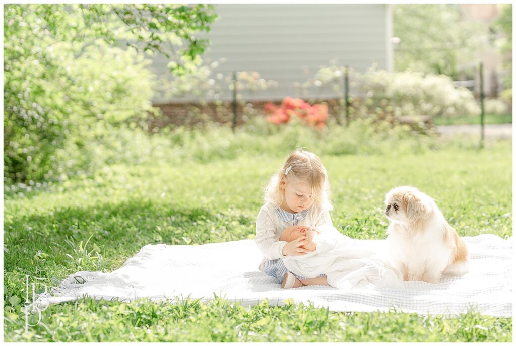 Big sister and dog looking at baby during outdoor newborn photo