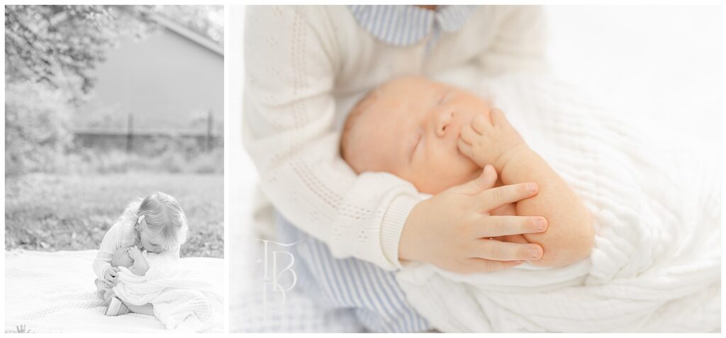 Big sister kissing newborn sibling in Ashburn,VA