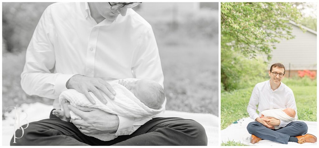 Dad with baby during outdoor newborn picture