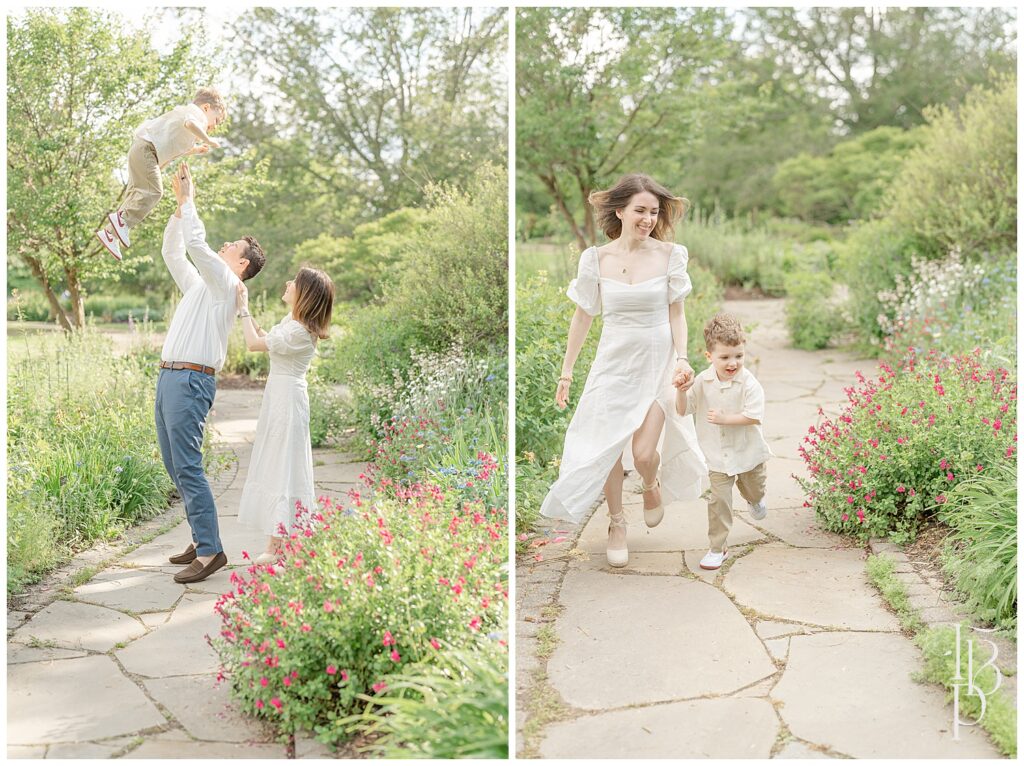 Family of 3 playing in a garden