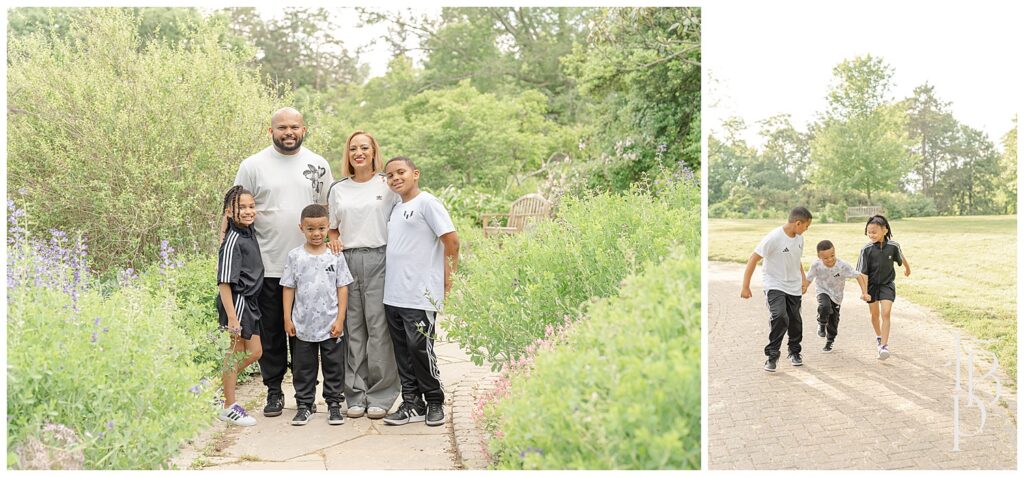 Family in the middle of a garden, kids running