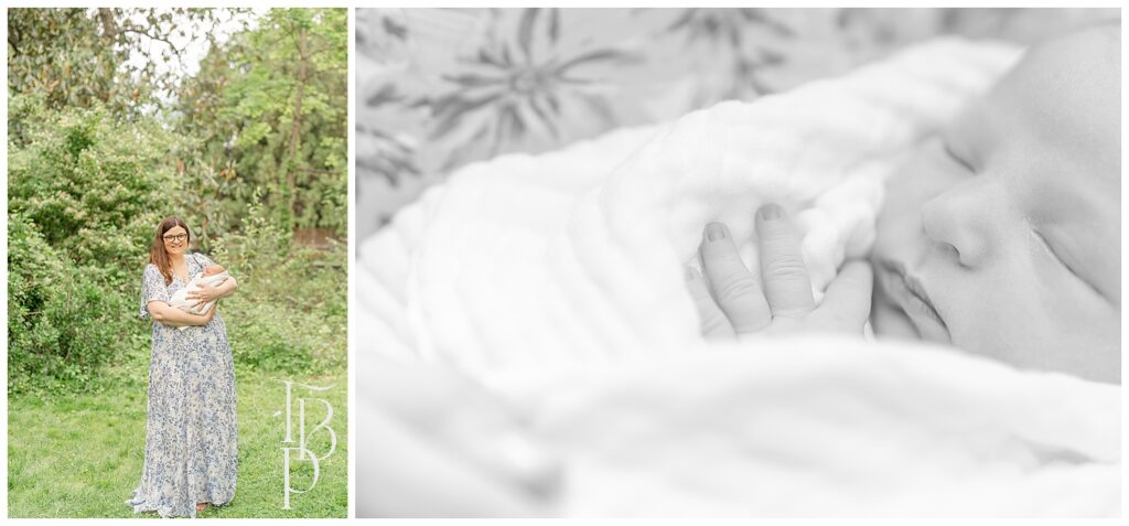 Mom with baby during Ashburn,VA outdoor newborn photography