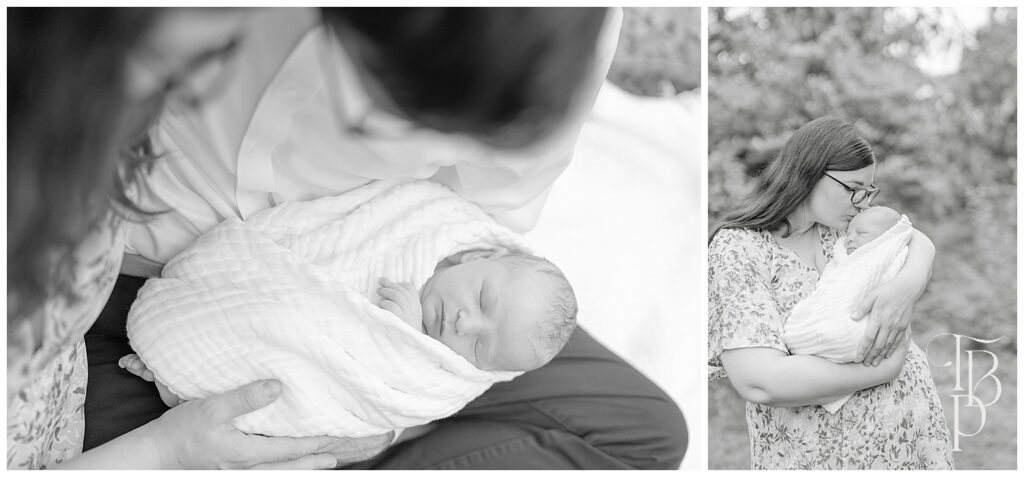 Mom kisses baby during outdoor newborn session