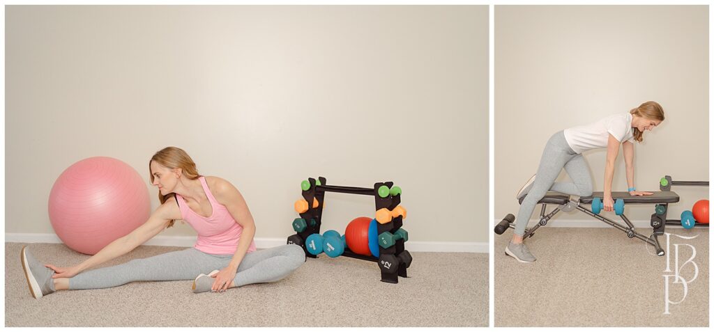 Woman stretching at in-home gym