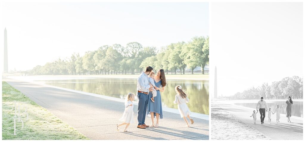 Family having fun at the Reflecting Pool with Washington Monument at the background