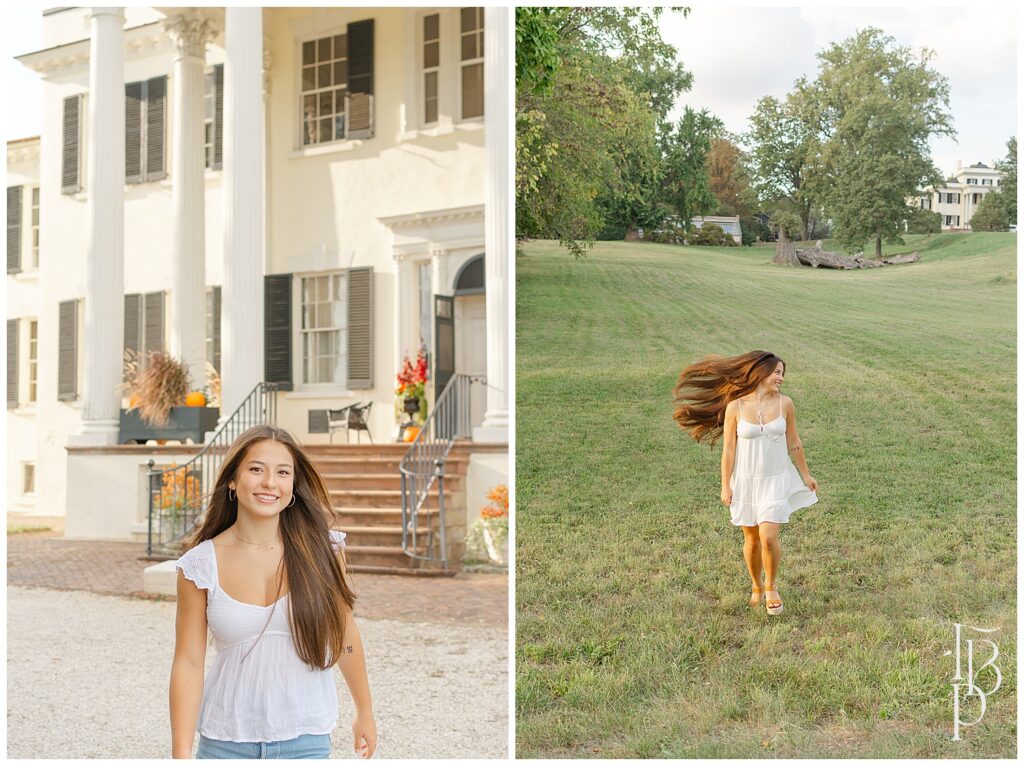 Girl running at a historic house taken by a senior photographer in Virginia