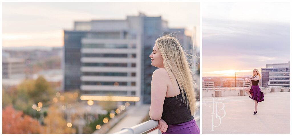 Senior photos at a parking garage with a city view in Virginia