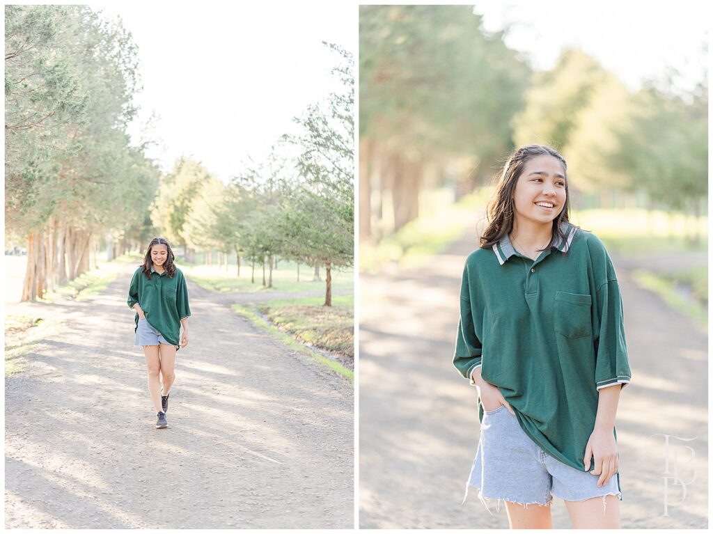 Senior pictures with rows of trees in Virginia