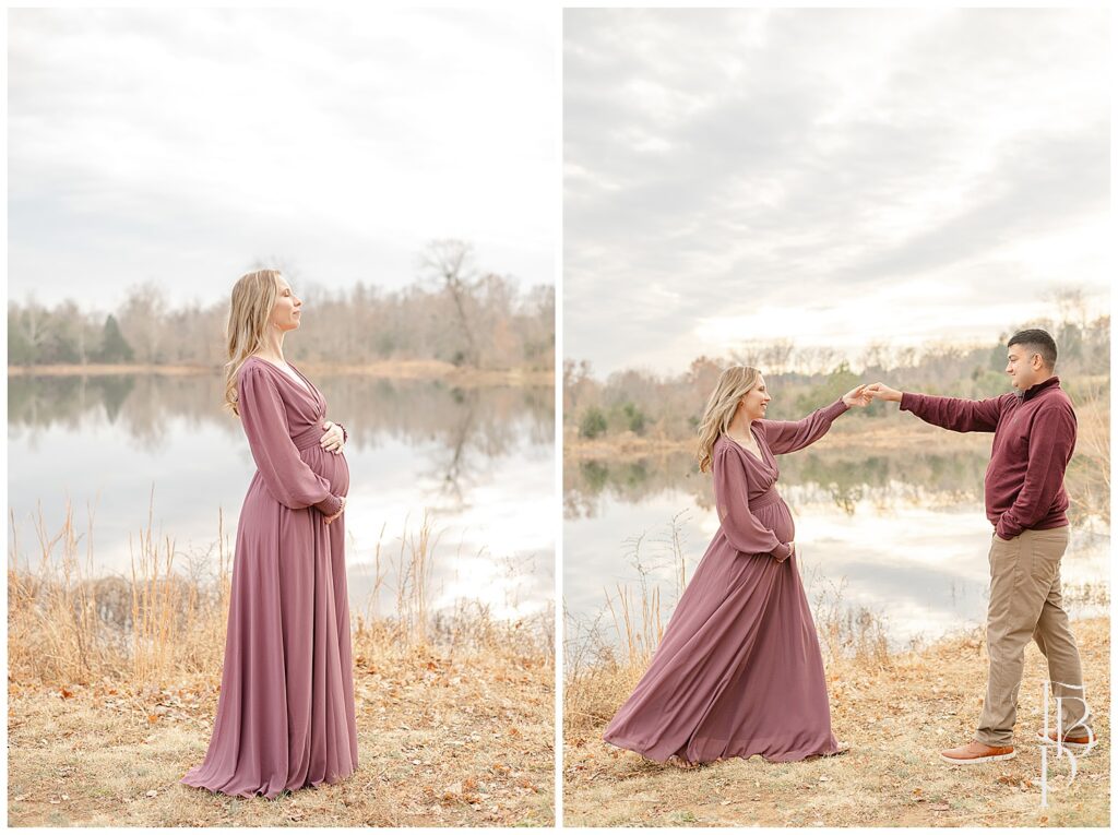 Winter maternity photos at Silver Lake Park in Haymarket, Virginia