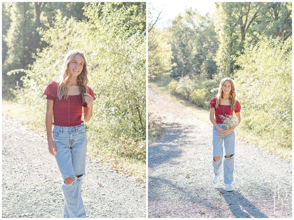 Senior pictures at a trail in Silver Lake Park in Haymarket, VA