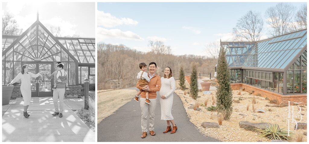 Family dancing during their winter maternity session