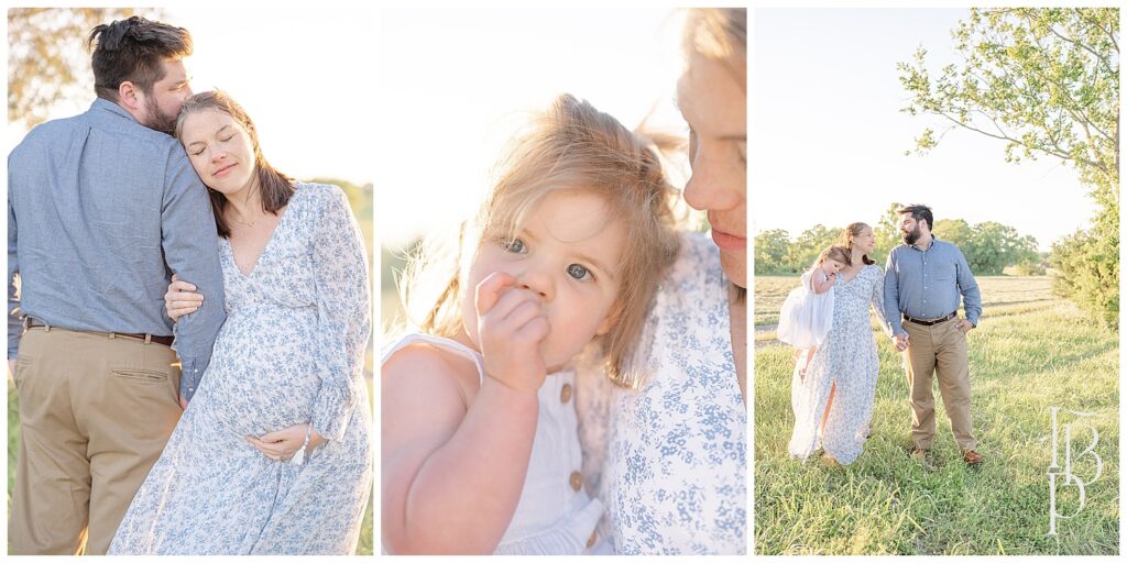 Baby girl leaning on expecting mom's shoulder while she's walking with dad