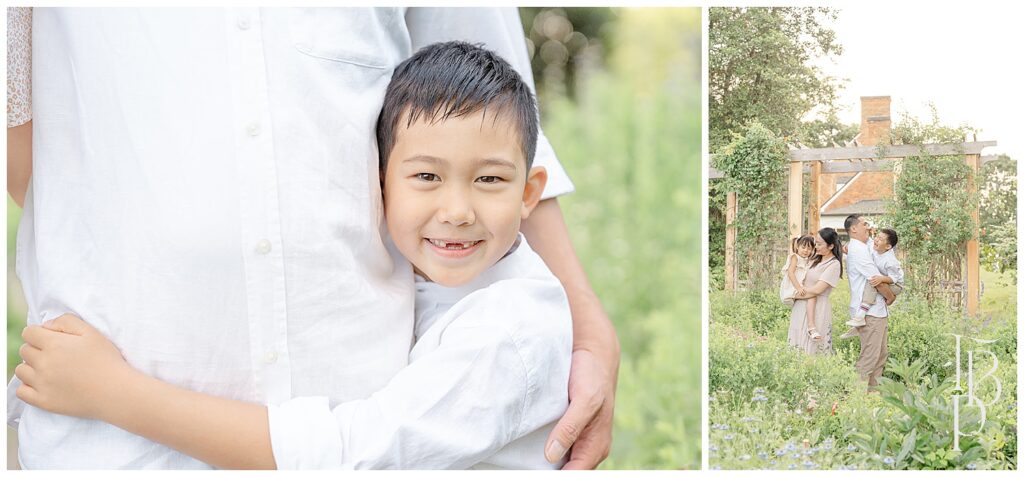 Son hugging dad in the middle of a garden