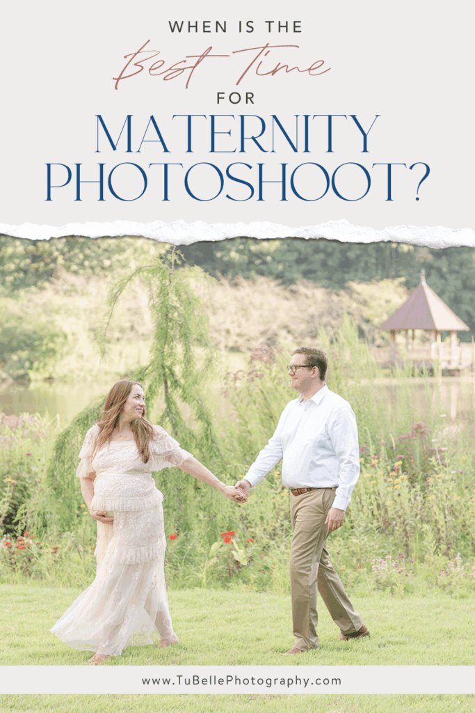 Couple walking while looking at each other with a text "When Is The Best Time for Maternity Photoshoot?"