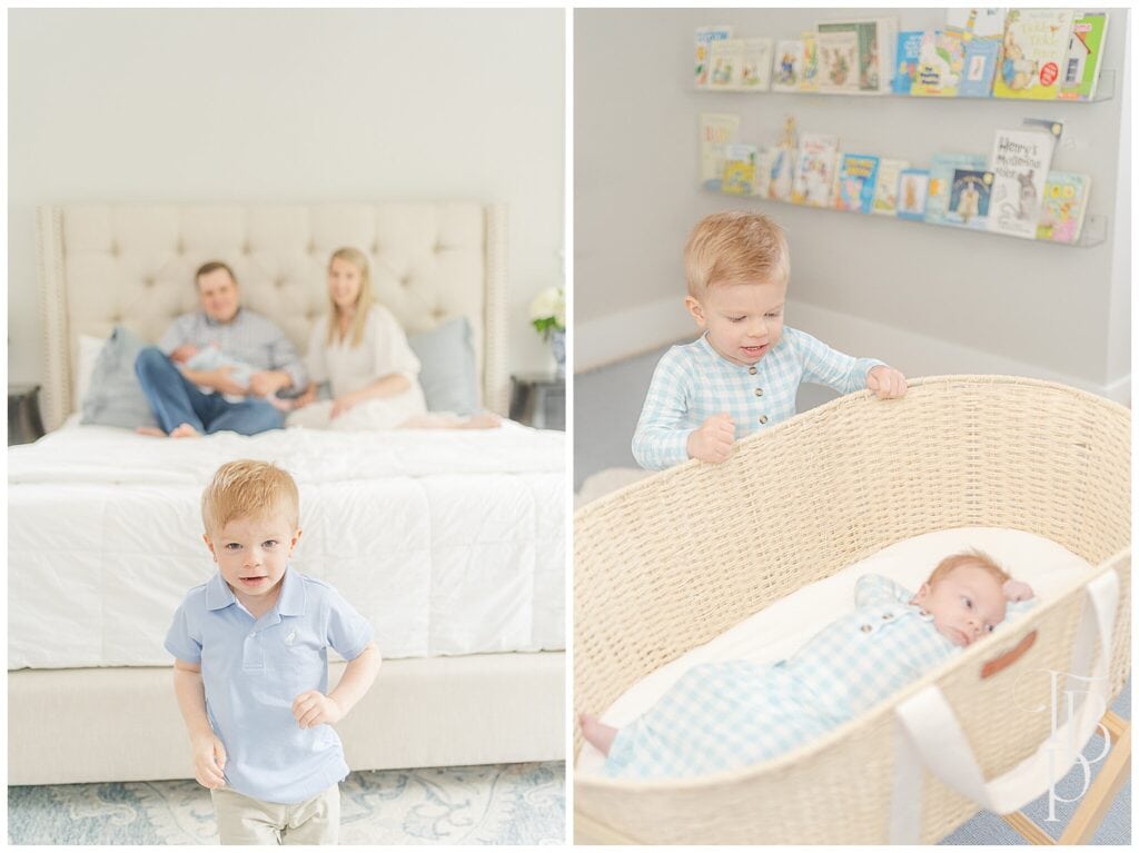 big brother running away from parents and newborn baby