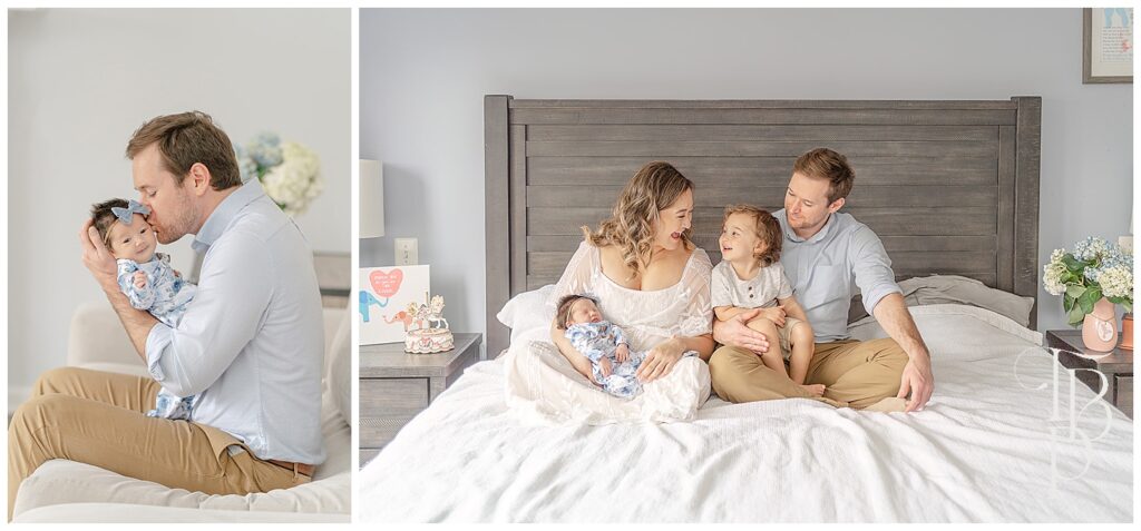 family of 4 playing in their room, dad kissing newborn baby girl