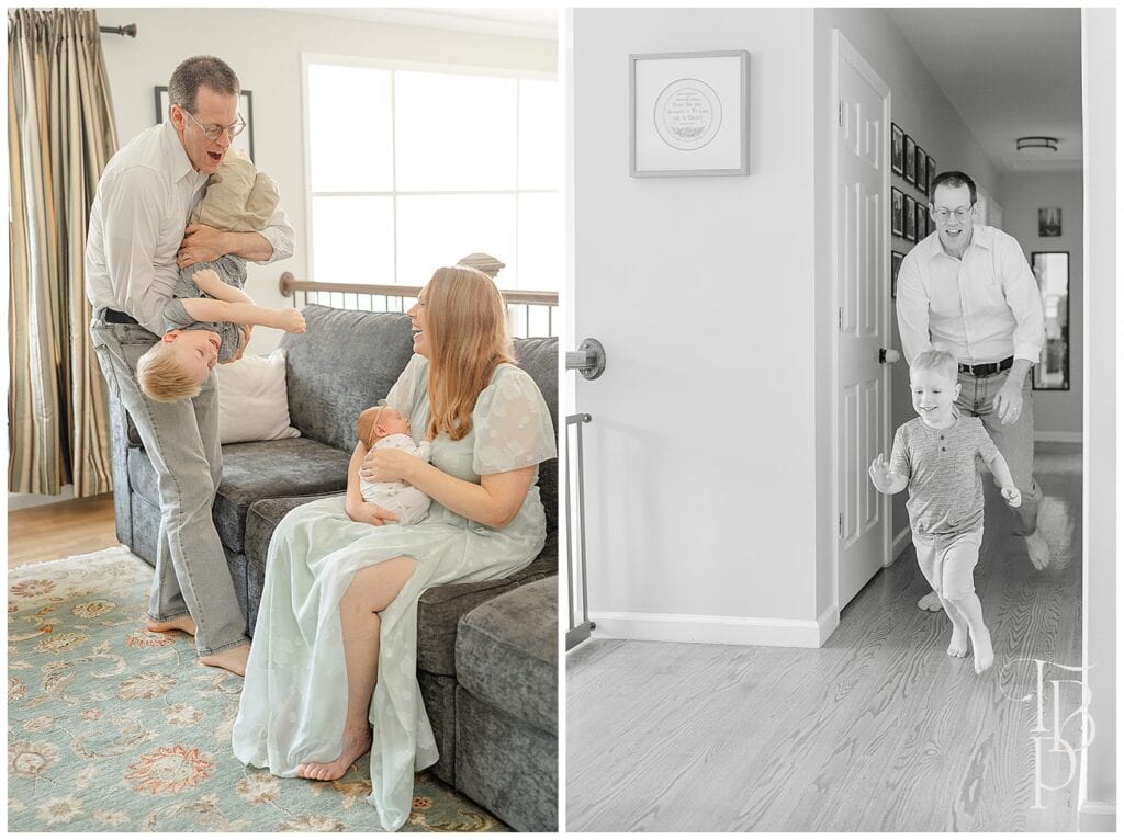 family playing during their in home newborn session
