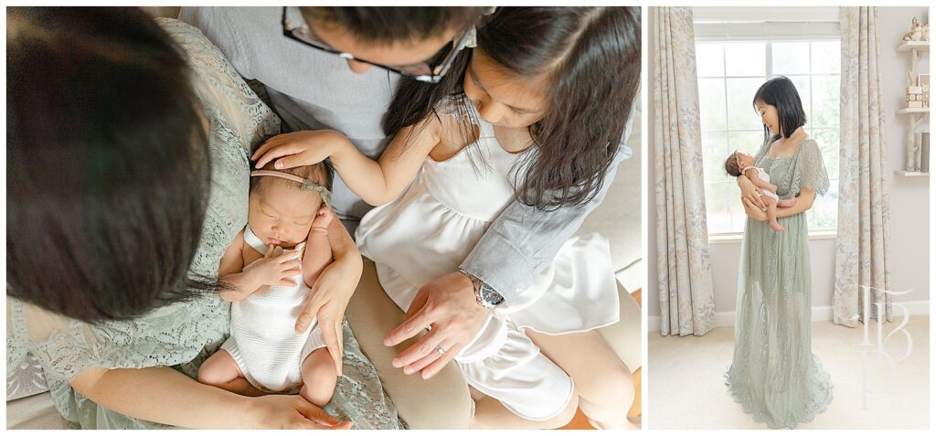 mom, dad, and big sister adore baby girl during their at home newborn pictures