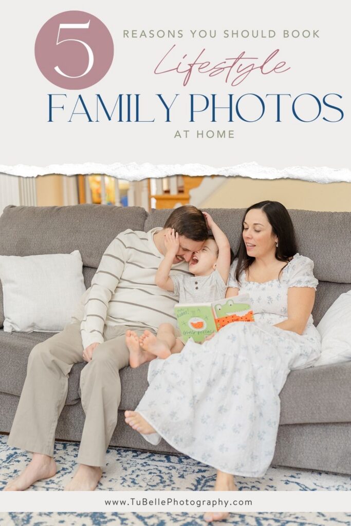 Family reading with a text '5 Reasons you should book lifestyle family photos at home