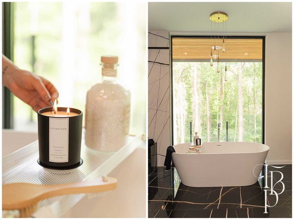 candle being lit in a bathroom