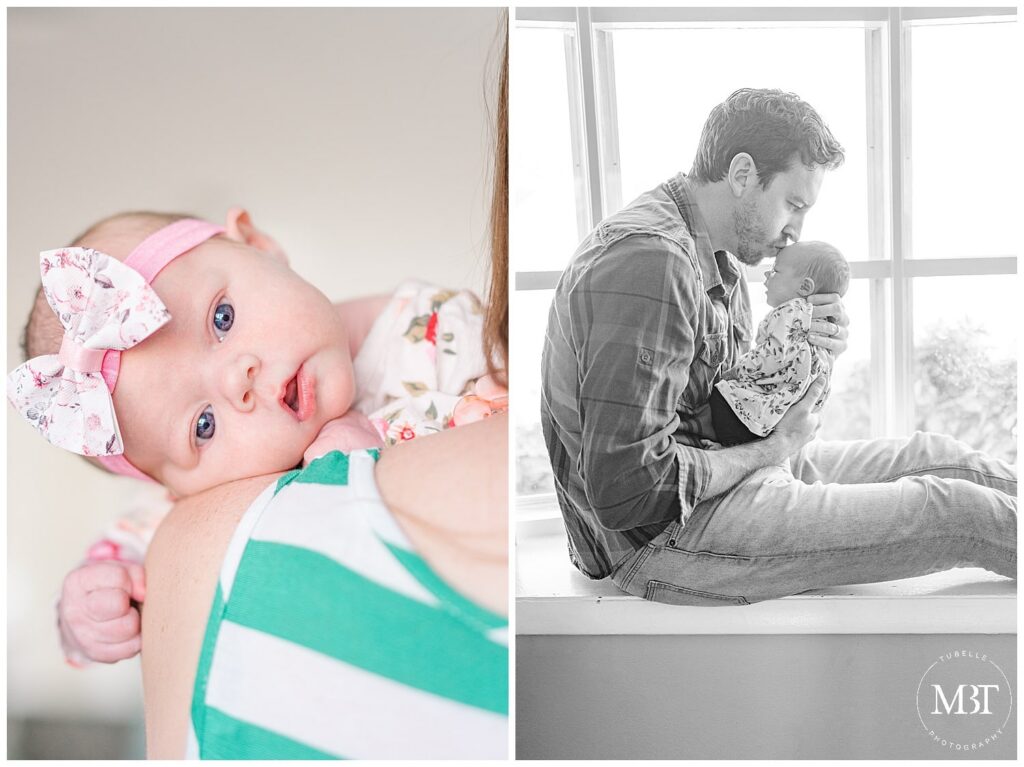 dad kissing newborn baby girl during at home newborn photography