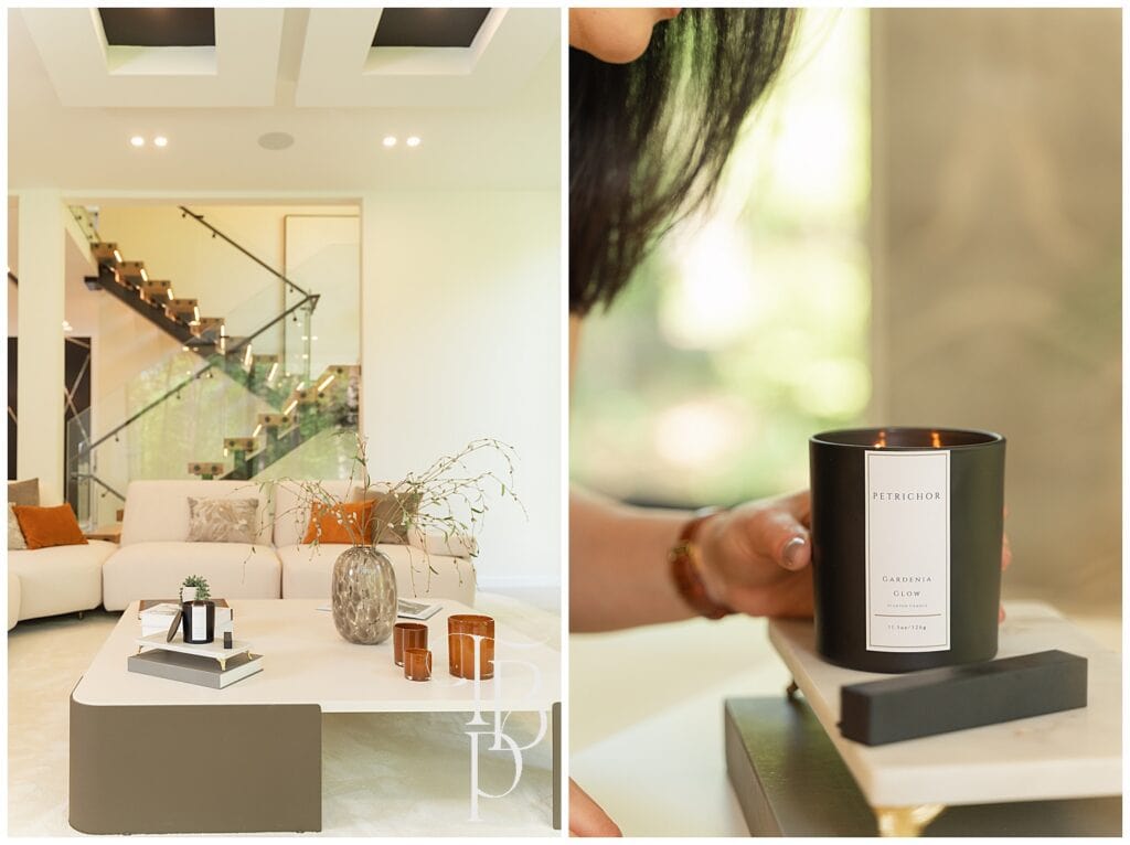 woman holding a candle in the living room