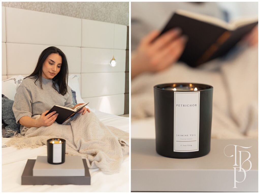 woman reading a book during lifestyle product photos