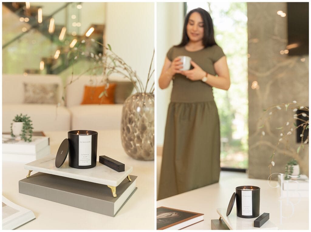 woman walking in their living room holding a tea