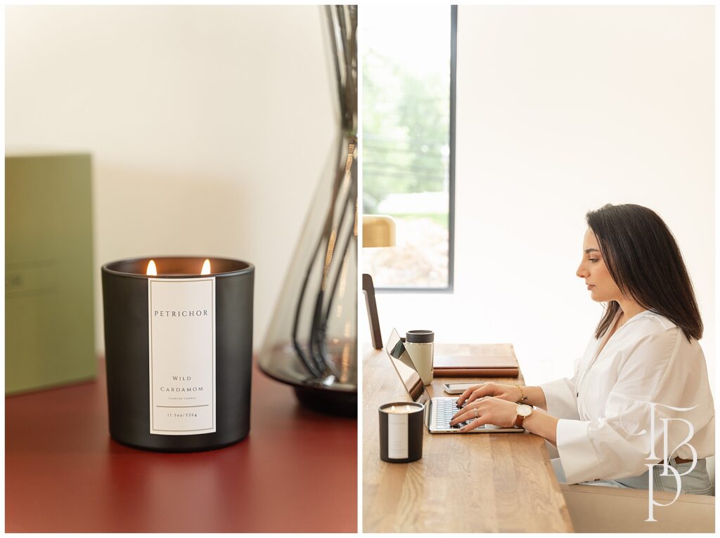 woman working with a lighted candle beside her