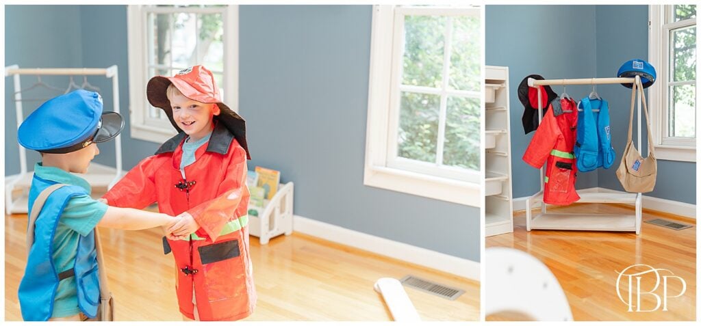 Boys trying on costumes from wooden clothing rack during lifestyle product photography