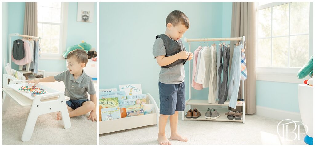 Boy playing with the activity board in Sterling, Virginia
