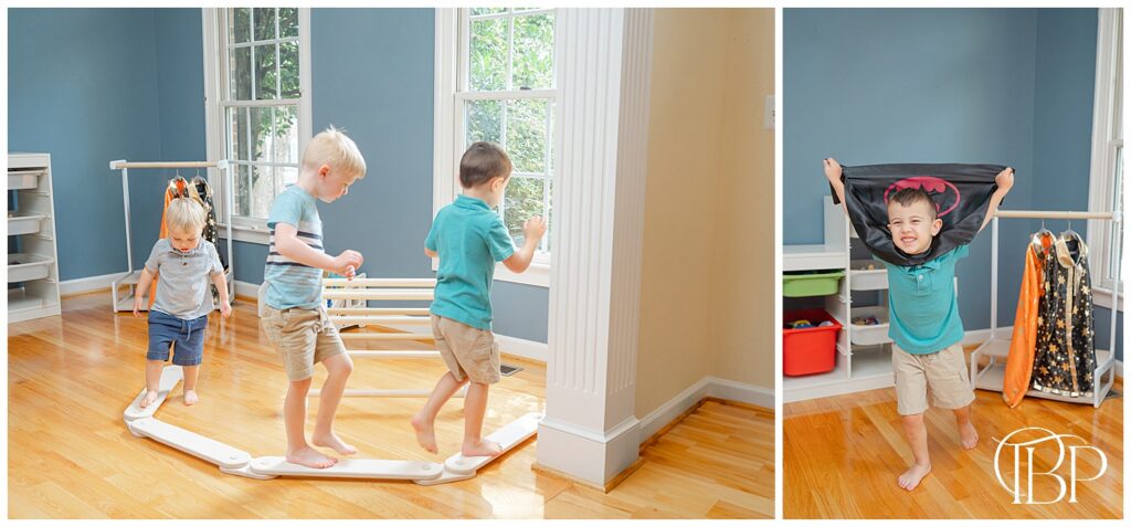 Boys playing on a wooden balance beam during lifestyle product photoshoot