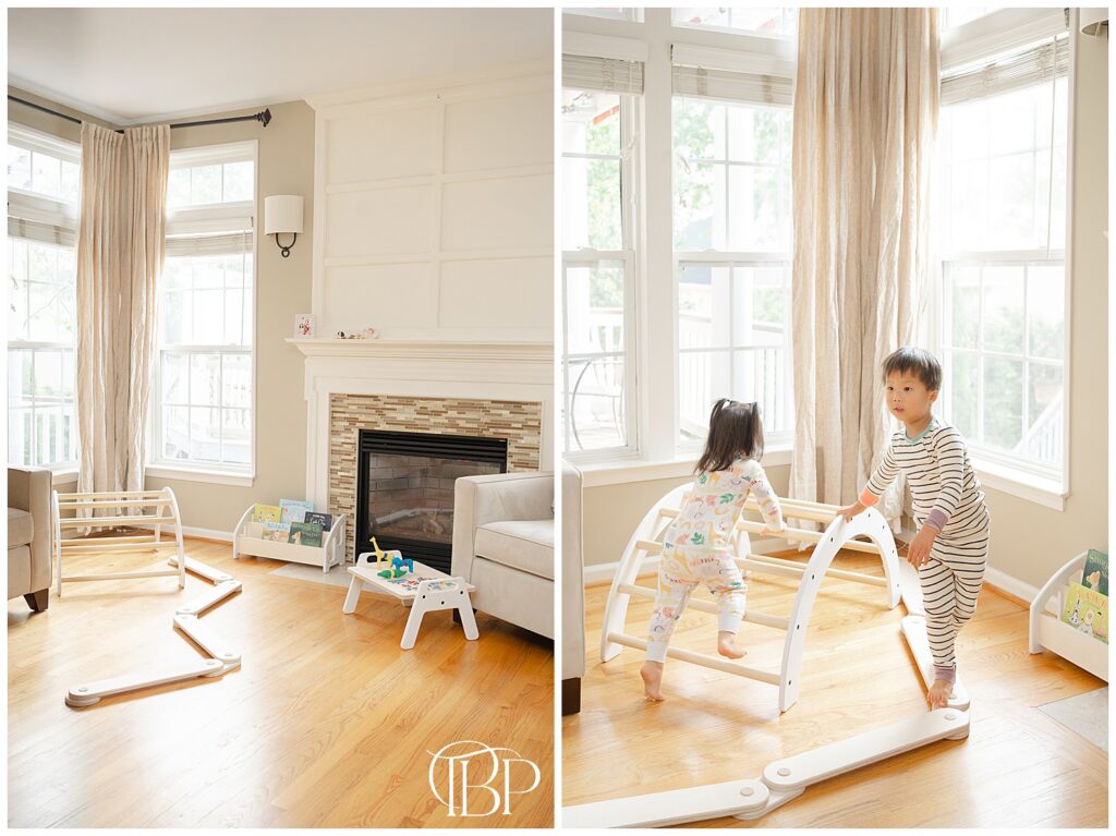 Kids playing montessori inspired toys and furniture in the living room