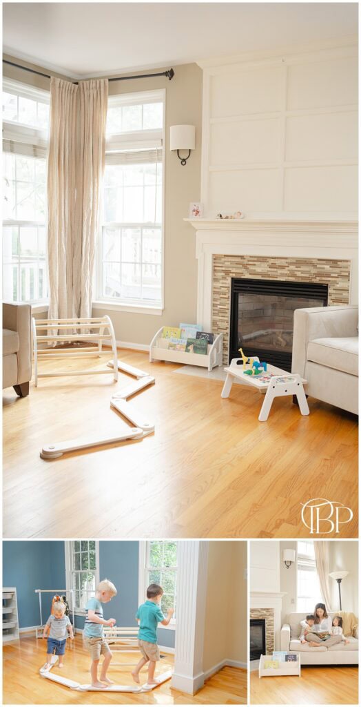 lifestyle product photography of Montessori-inspired toys styled in a bright living room