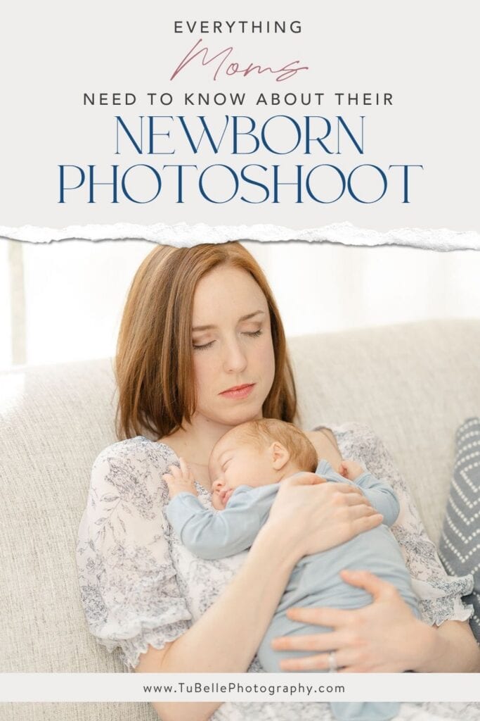 mom with her eyes closed while hugging baby with a text Everything Moms Need to Know About Their Newborn Photoshoot