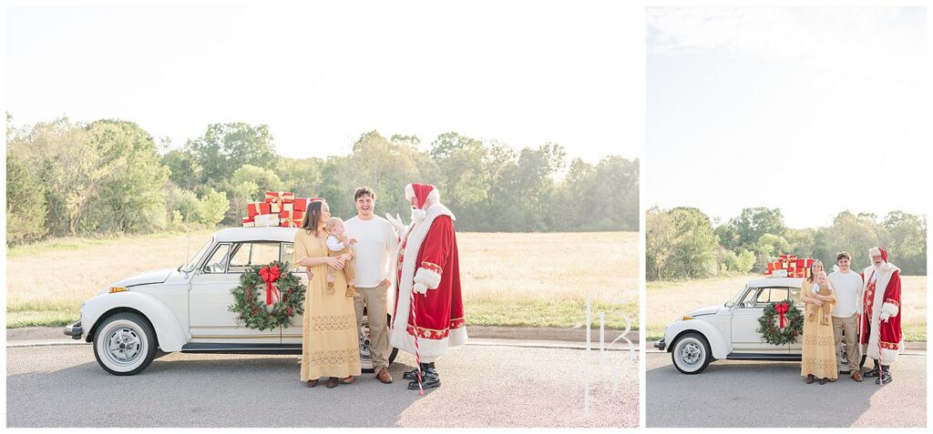 Family of 3 with Santa Christmas minis photos with Volkswagen Beetle