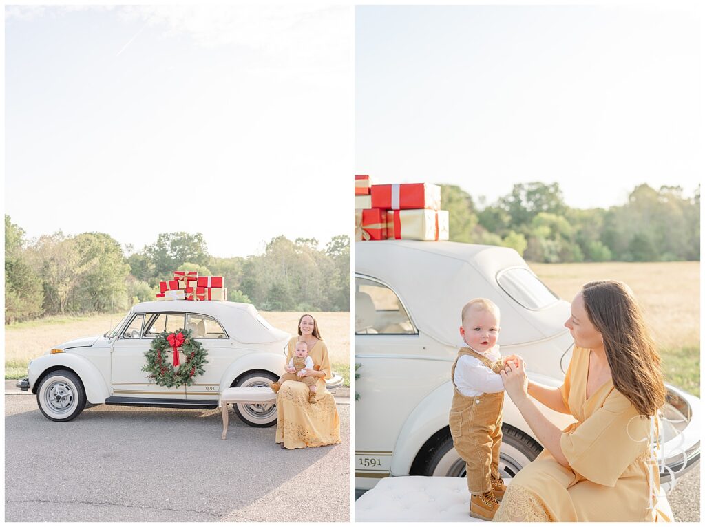Mom and son during vintage VW Beetle Christmas minis