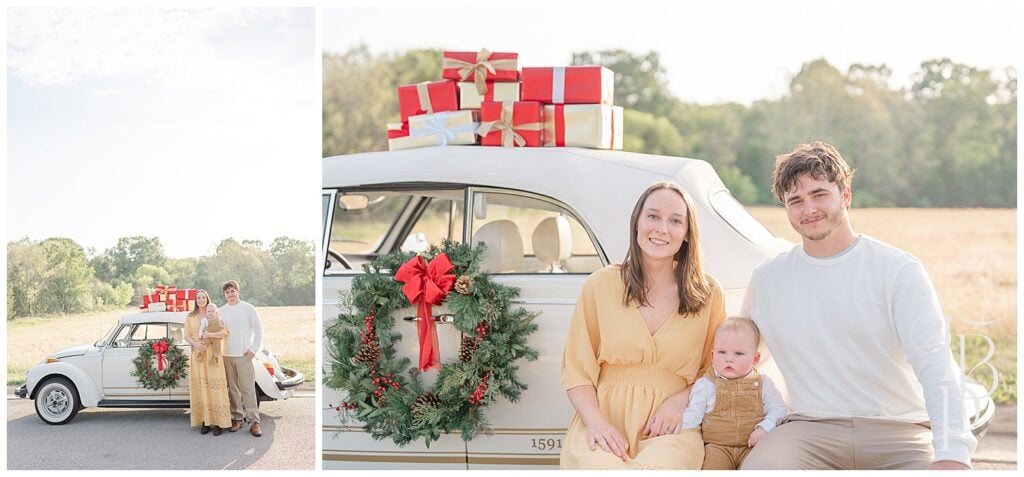 Family of 3 during VW Beetle Christmas mini session in Northern VA